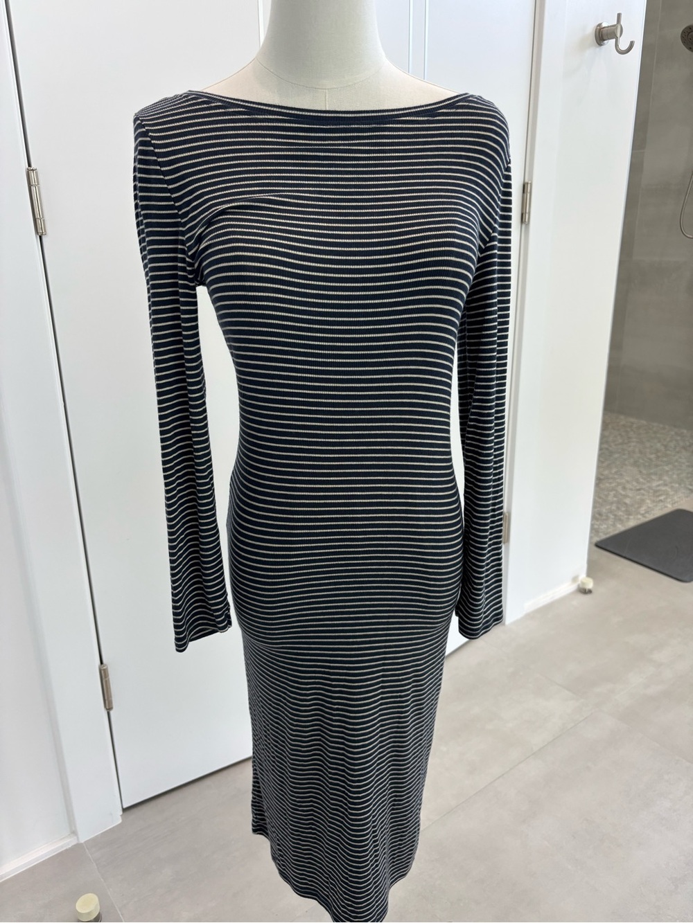 BCBGMaxAzria Black & White Striped Long Sleeve Boatneck Dress